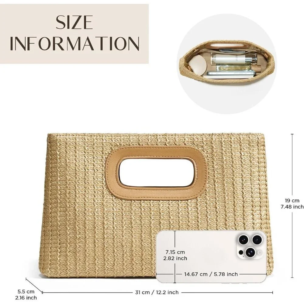 Tan Straw Clutch Purse for Women with Top Handle Summer Boho Beach Bag - Picture 3 of 6